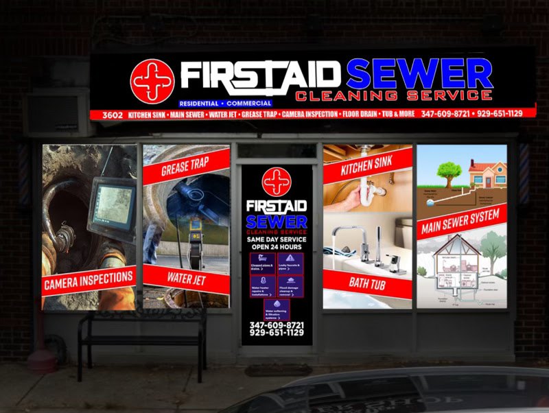 Service board listing camera inspections, water jet, main sewer, bathtub, kitchen sink, and grease trap