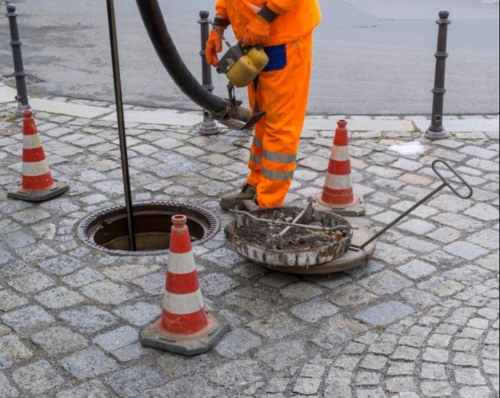 Technician cleaning an open sewer access point